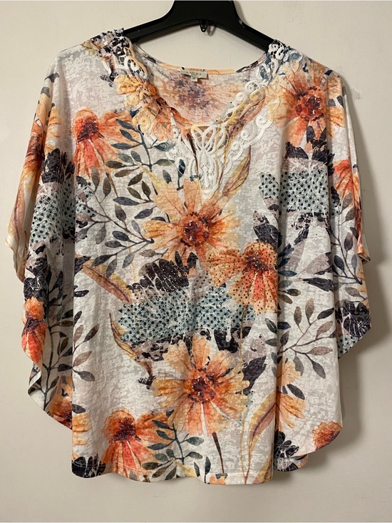 Laura Tops - Floral Lace-Trim Women's cape like Top in Orange and Cream with stones